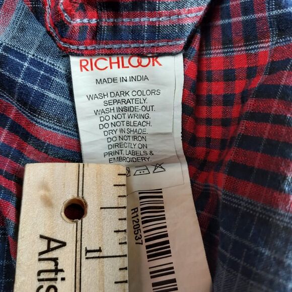 Richlook XXL 44 Plaid Casual Shirt Red Grey Blue Button Front Long Sleeve - Picture 6 of 9